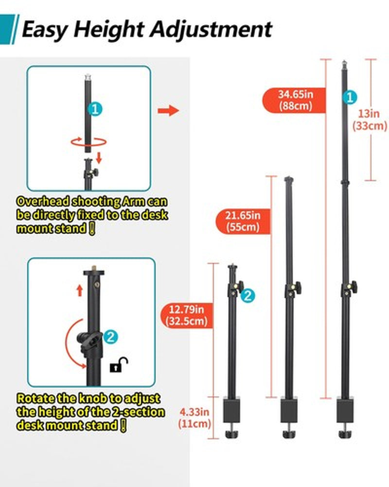 JEBUTU Overhead Camera Mount Desk Stand with 360°Adjustable Holding Arm, Came...