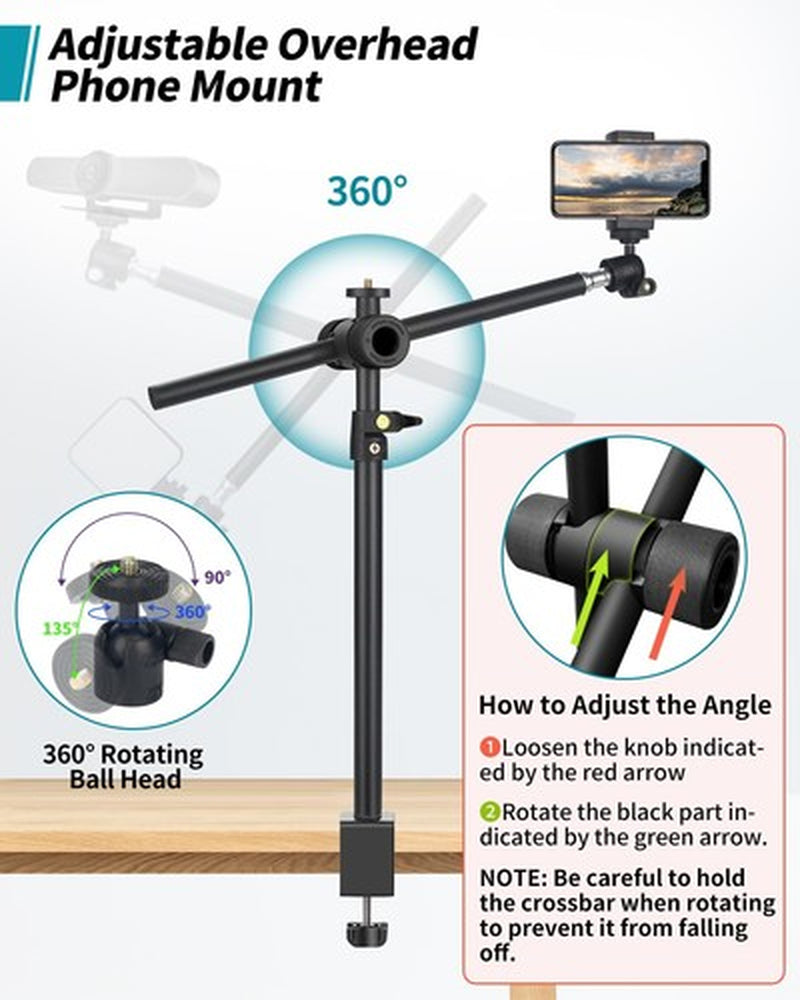 JEBUTU Overhead Camera Mount Desk Stand with 360°Adjustable Holding Arm, Came...